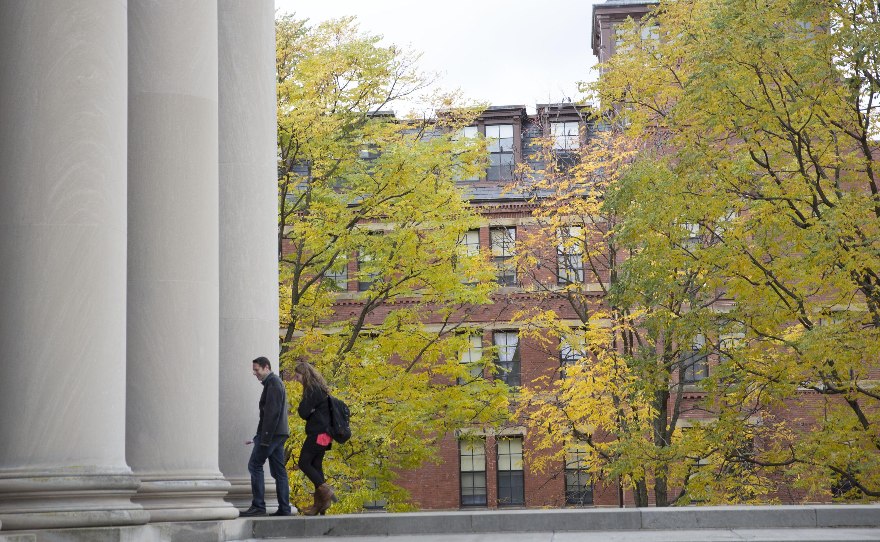 Campus Hero Image 1 Cropped.jpg students walking into a building with large pillars. it appears to be a spring or fall day.