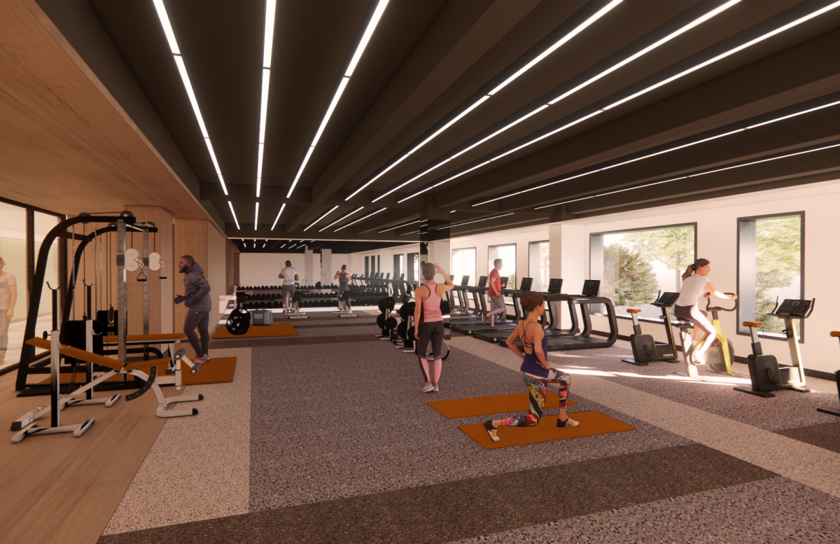 A rendering of the fitness center with a variety of machines and ample space to exercise