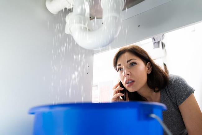 A very concerned looking woman on the phone with the plumber as she stares at leaking pipe under her sink.