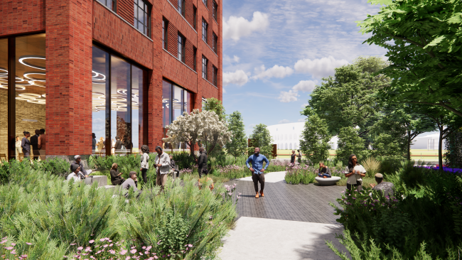 A rendering of the facade of the building, flanked by lush greenery and pedestrian walkways