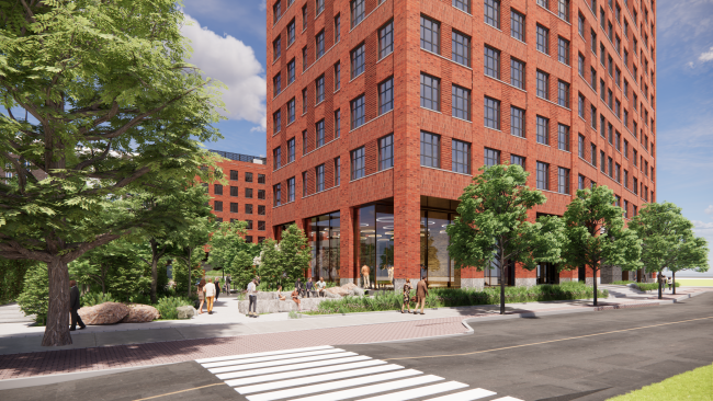 A rendering of the building from across the street, with pedestrian crosswalks and trees lining the sidewalks