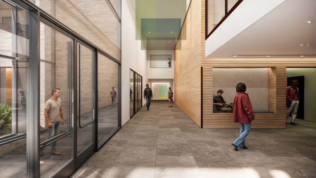 A rendering of the lobby with a view of the entrance and office space