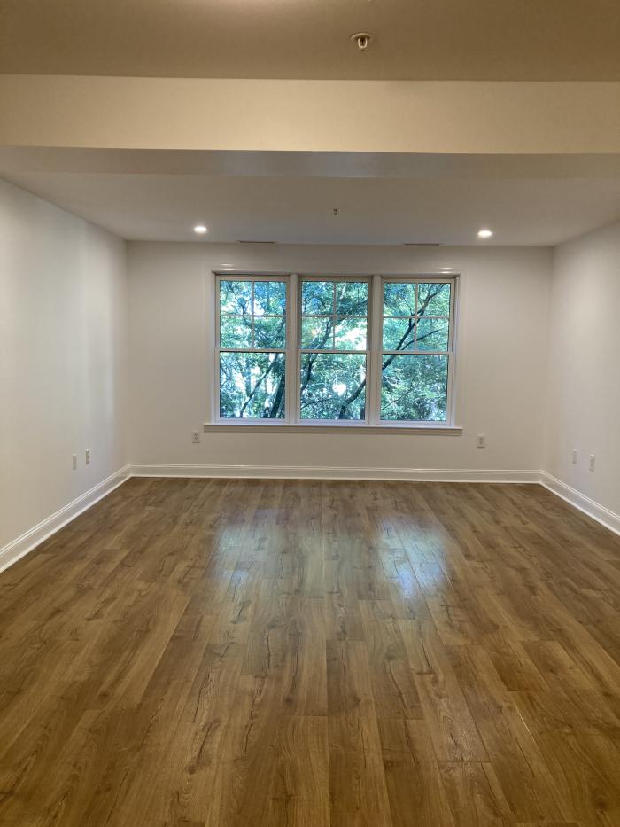 Open living room area with wood floors and large windows