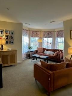 Living room area with bay windows and carpeting