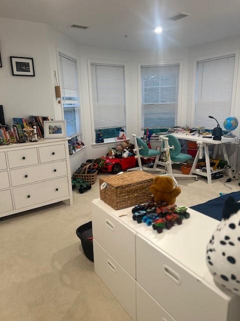 Primary bedroom with carpeted floors and bay windows