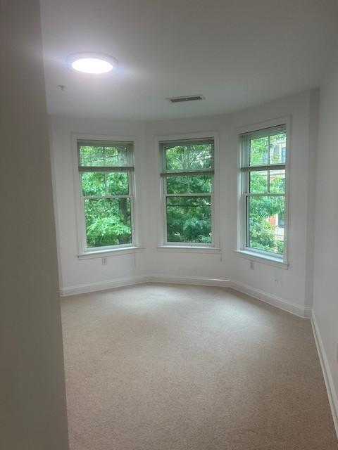 Secondary bedroom with carpeting, bay windows, and overhead lighting