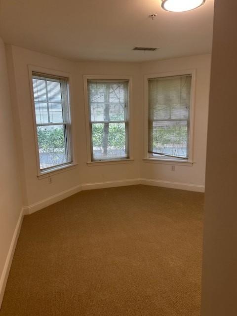 Second bedroom with carpet flooring, bay windows, and overhead lighting