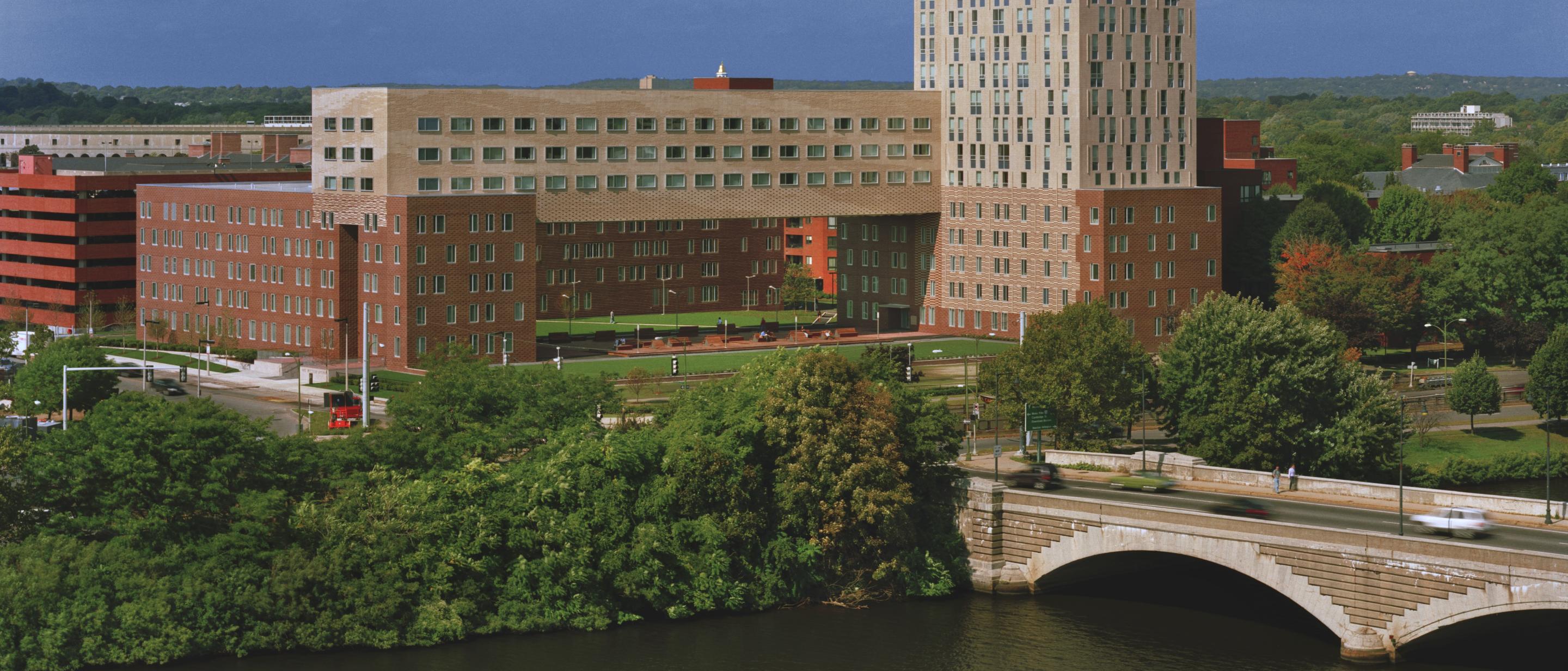 View of One Western Ave across the river