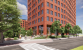 A rendering of the building from across the street, with pedestrian crosswalks and trees lining the sidewalks
