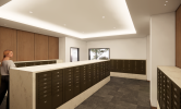 A rendering of the mail room with numerous secure mail boxes